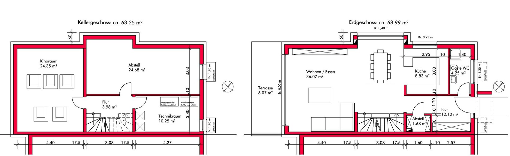 Doppelgrundriss: Keller mit Kinoraum, Abstell, Technikraum; Erdgeschoss mit Wohnen, Küche, Terrasse.