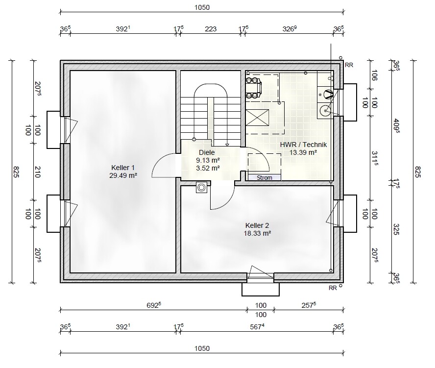Kellergeschoss mit zwei Kellern (Keller 1, Keller 2), Diele, HWR/Technik, Treppe und Eingang