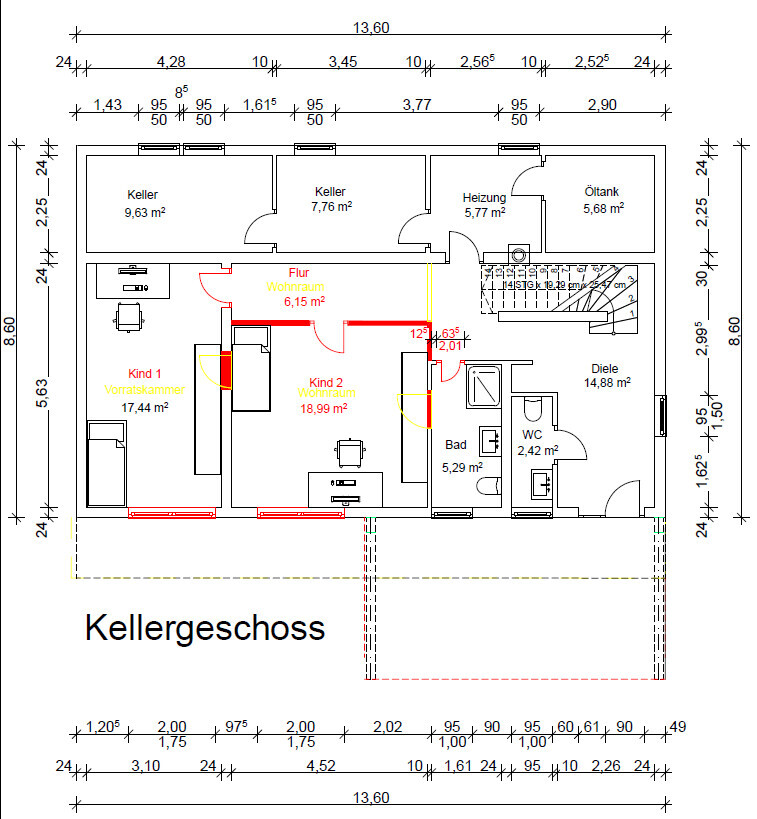 Kellergeschoss Grundriss: Keller, Heizraum, Öltank, Flur, Diele, Bad, WC, zwei Wohnräume.