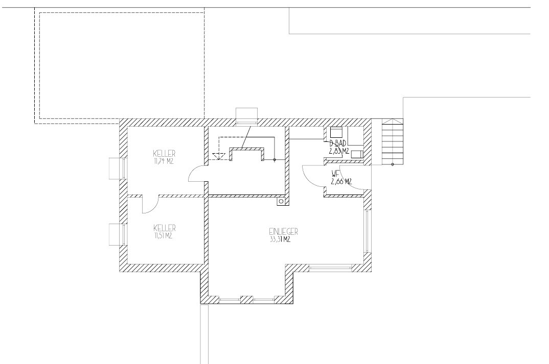 Grundriss Kellergeschoss: Einliegeraum 33,31 m2, zwei Kellerräume, Bad, Flur.