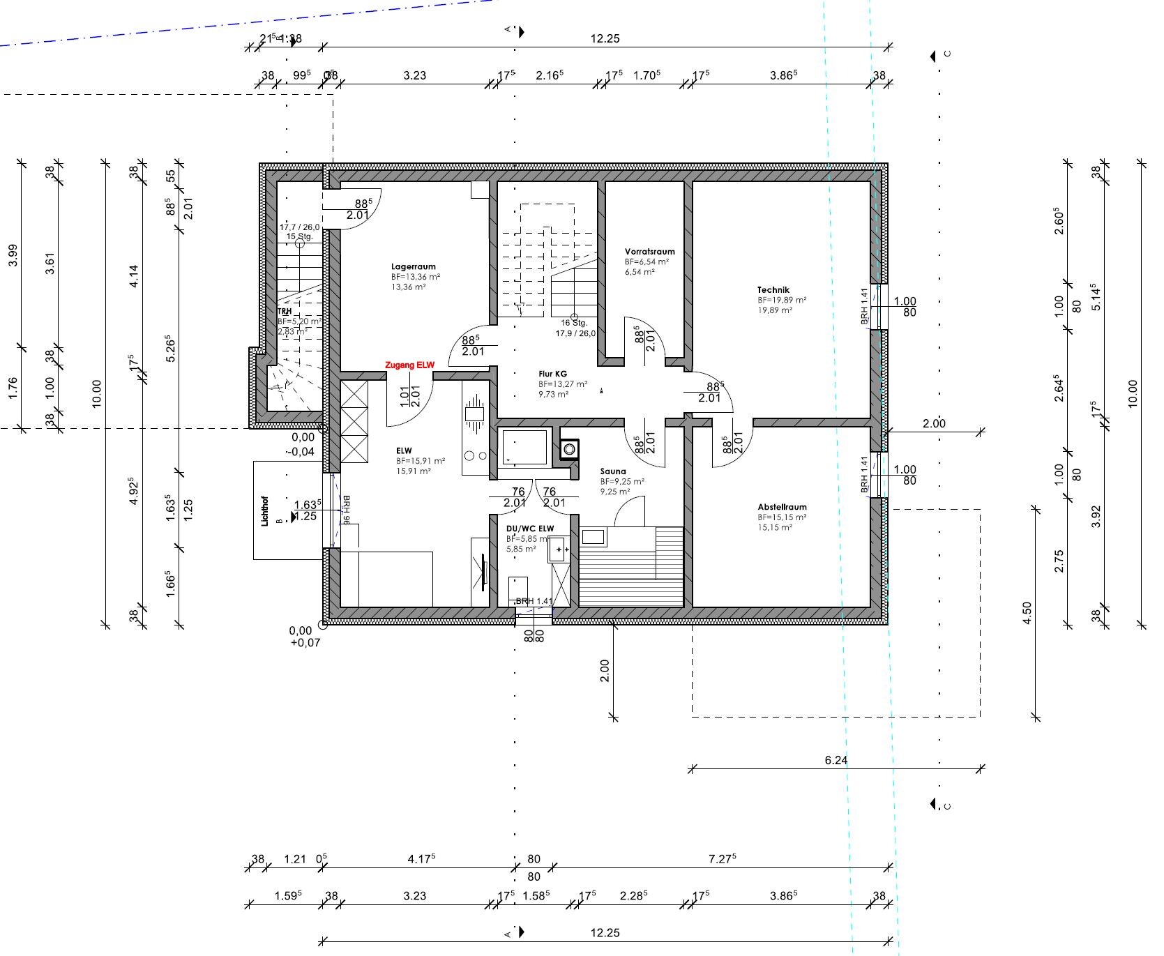 Grundriss Kellergeschoss mit Lagerraum, Vorratsraum, Technik, Sauna, Abstellraum, Flur KG.