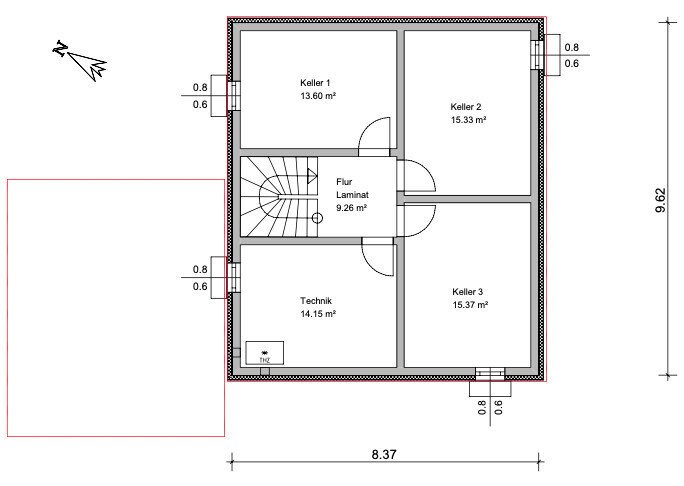 Grundriss Kellergeschoss mit 3 Kellerräumen, Technik, Flur Laminat; ca. 8,37×9,62 m