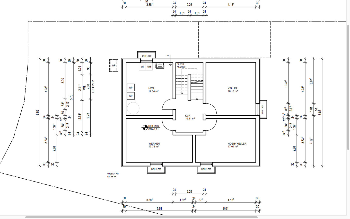 Grundriss Kellergeschoss mit HWR, KELLER, WERKEN, Hobbykeller, KVR und Treppe; Maße.