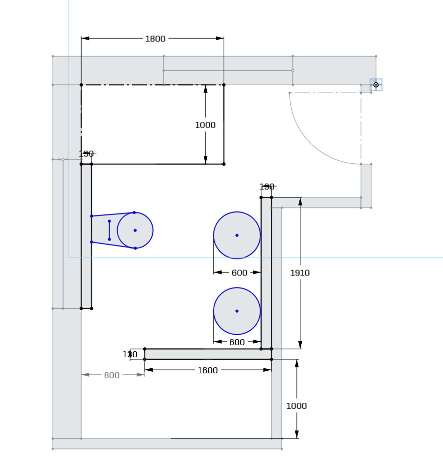 2D-Küchengrundriss mit Abmessungen und Möbeldetails