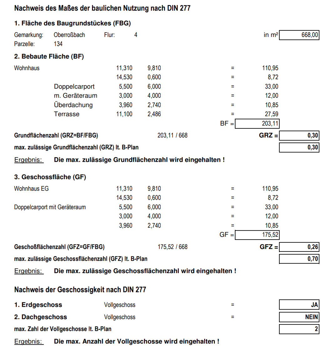 DIN-277 Flächenberechnung: Baugrundstück, bebauter Flächenanteil, GF, GFZ, GRZ