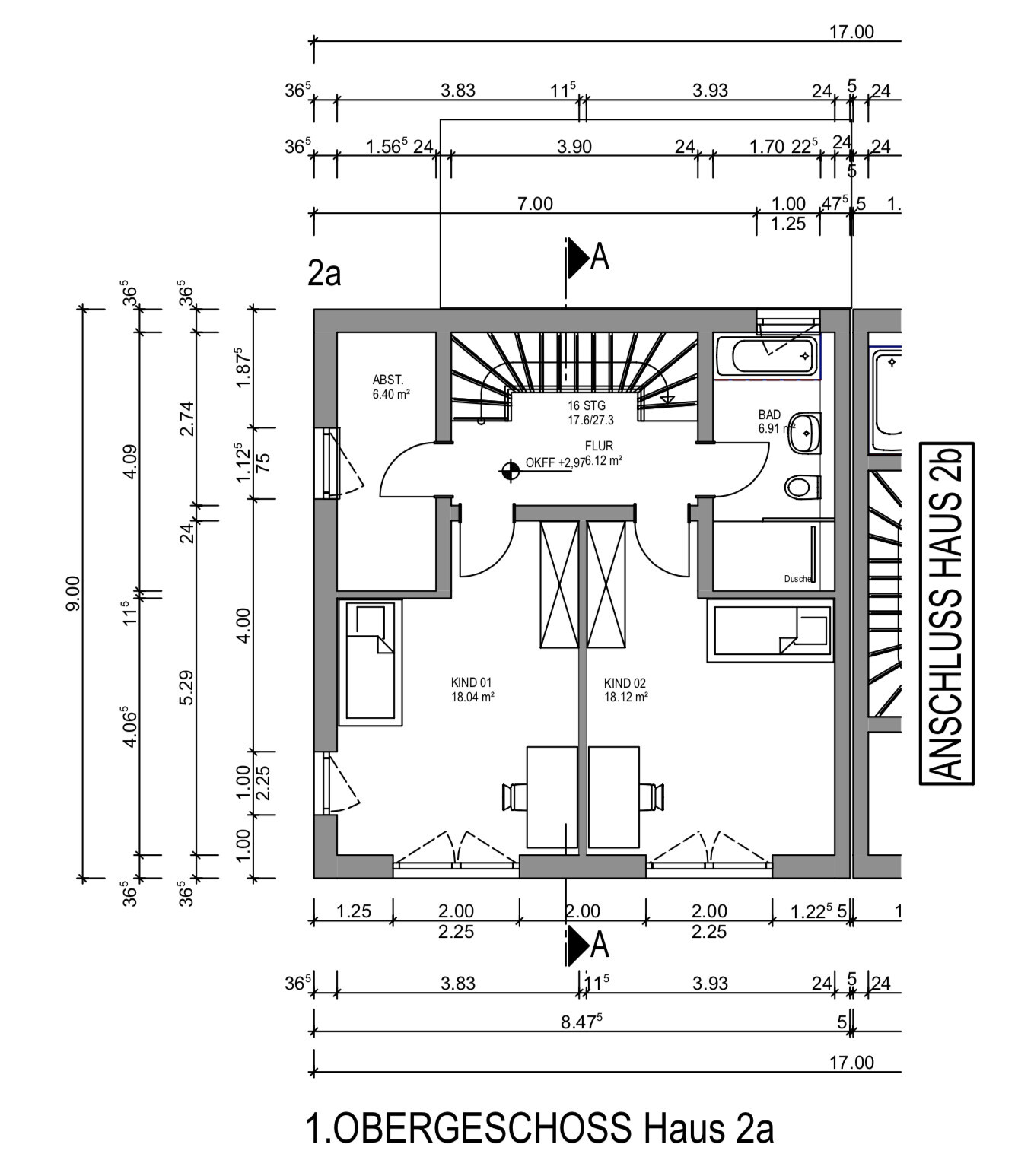 Grundriss 1. Obergeschoss von Haus 2a: zwei Kinderzimmer, Bad, Flur, Treppe.