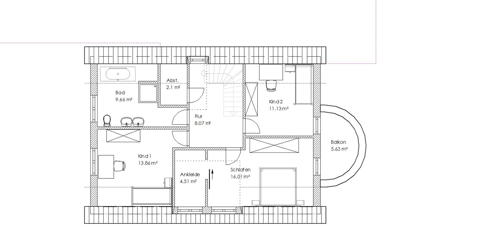 Grundriss des Obergeschosses: Schlafzimmer, 2 Kinderzimmer, Flur, Bad, Balkon.