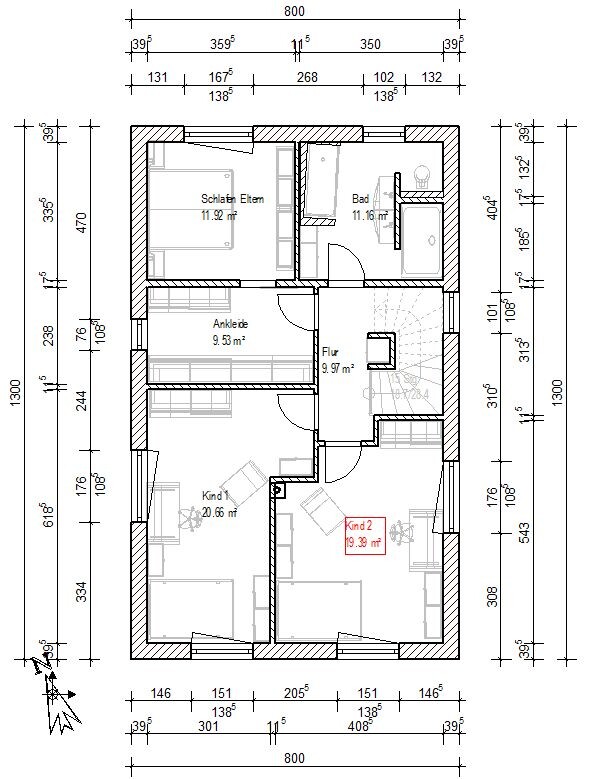 Grundriss eines Wohnhauses mit Elternschlafzimmer, Ankleide, Bad, Flur und zwei Kinderzimmer