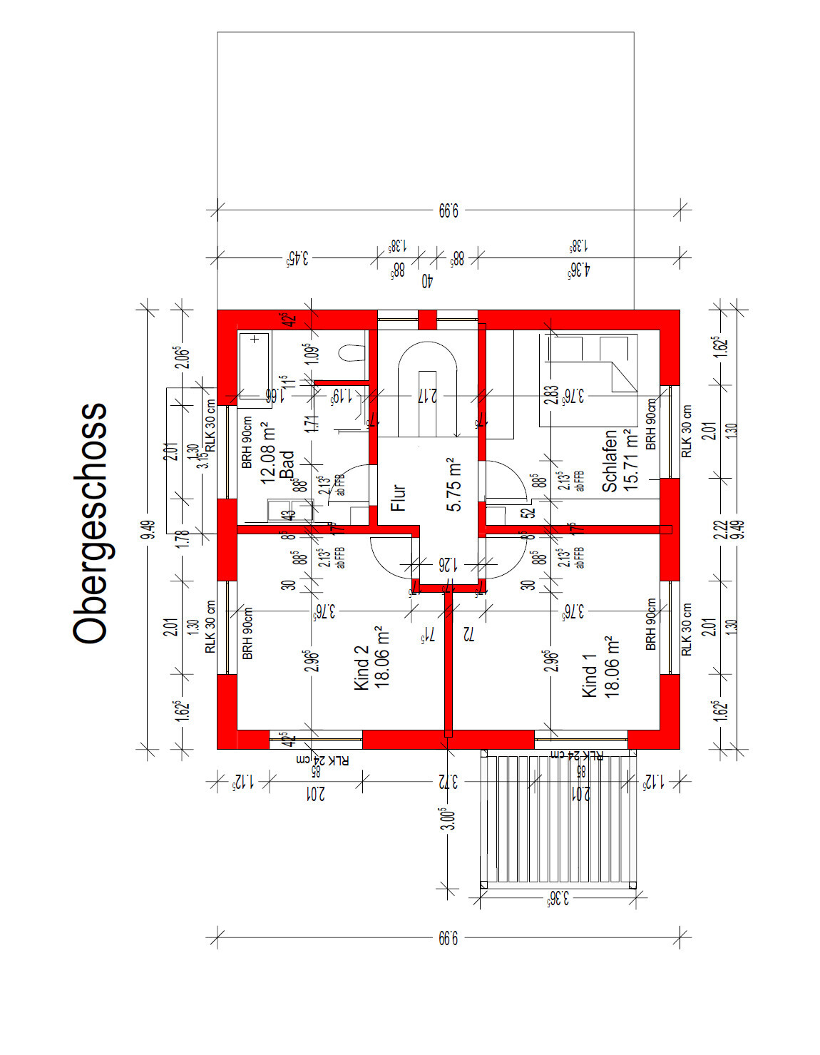 Grundriss Obergeschoss: Flur, Schlafen, Kinderzimmer, Bad, rote Wände hervorgehoben.