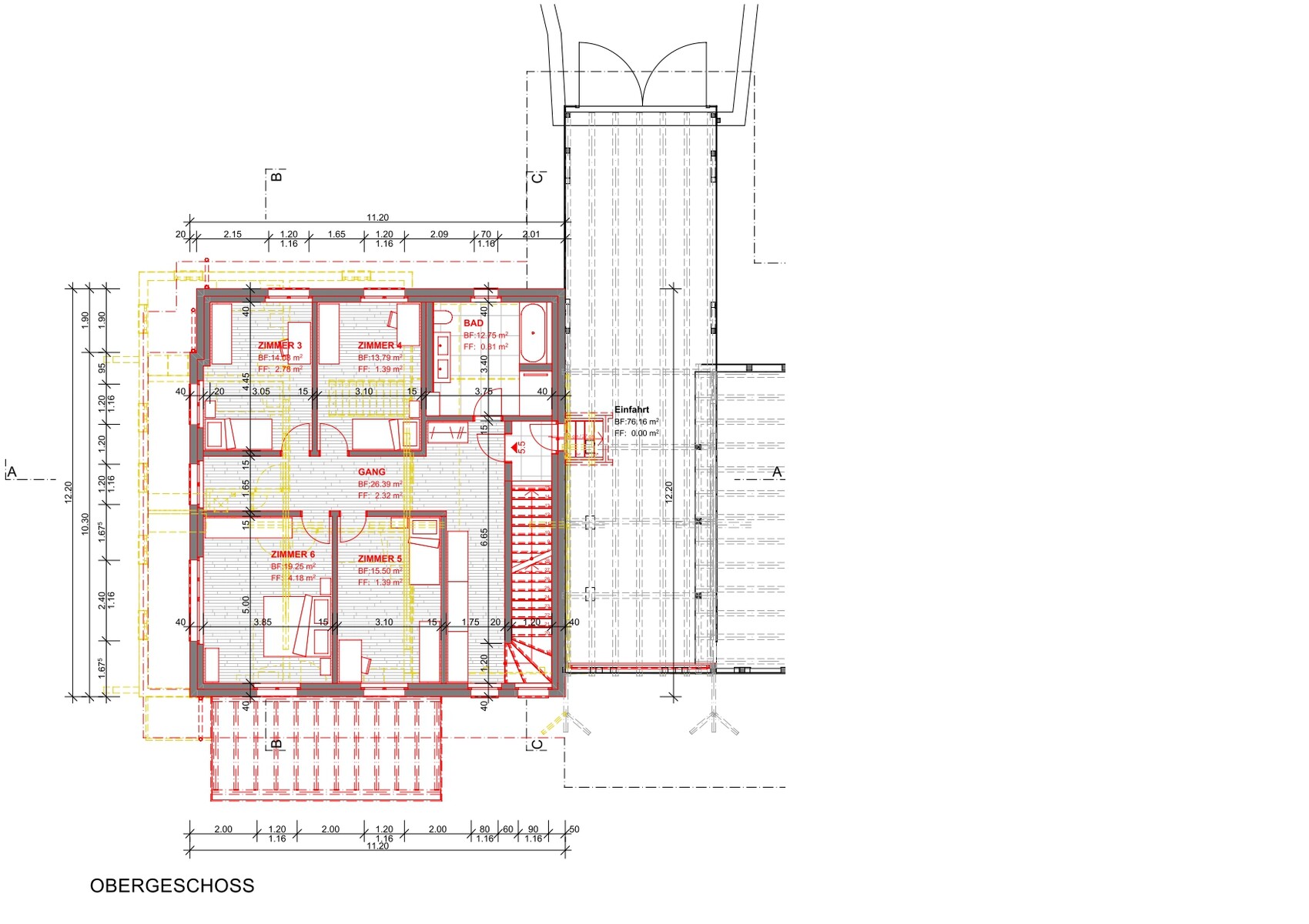 Obergeschoss-Grundriss mit ZIMMER 3–6, Bad, Flur, Treppenhaus und Eingang.