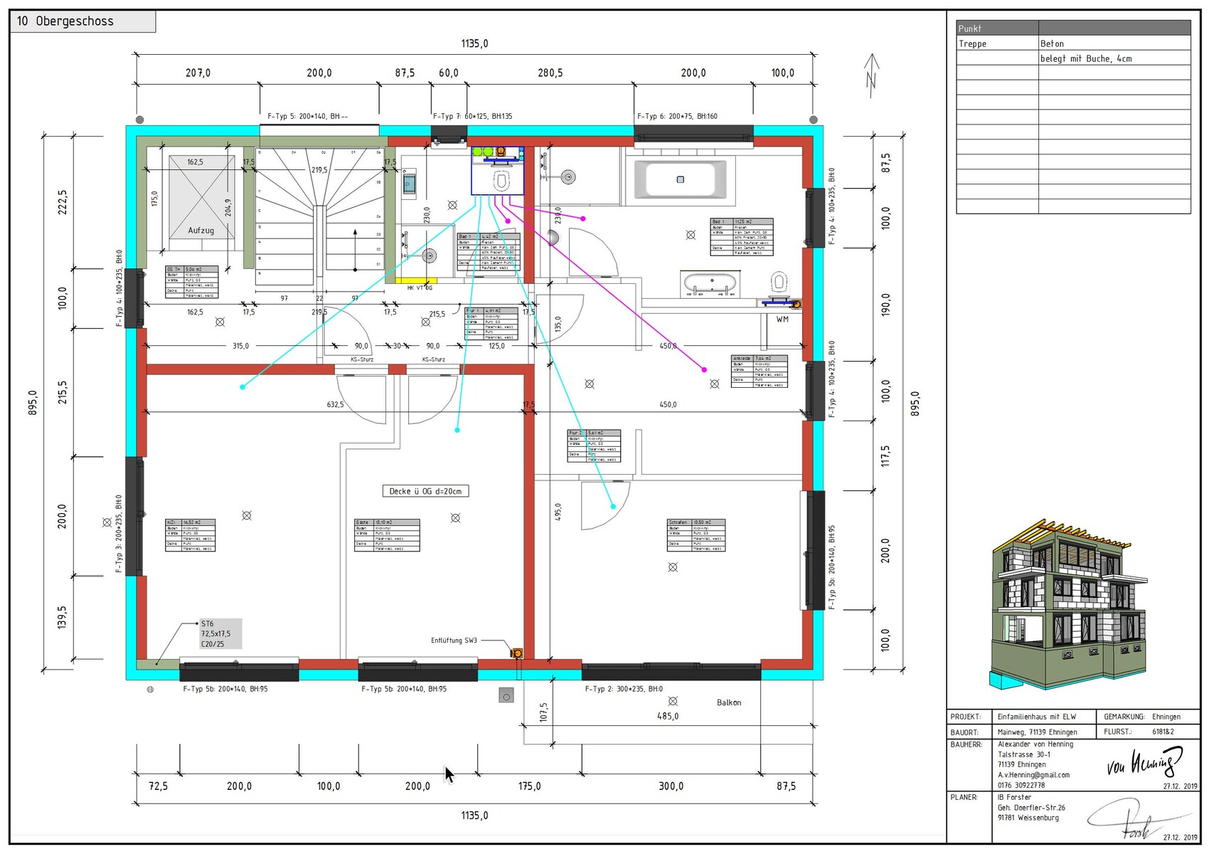 Grundriss Obergeschoss eines Hauses mit Treppe, Badbereich, Türen und Maßangaben.