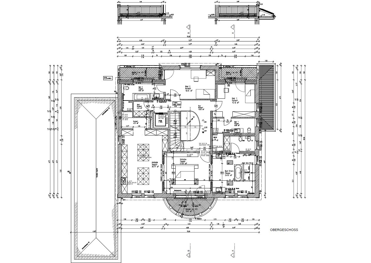 Grundriss eines Hauses, Obergeschoss: Zimmer, Bad, Treppenhaus, Terrasse.