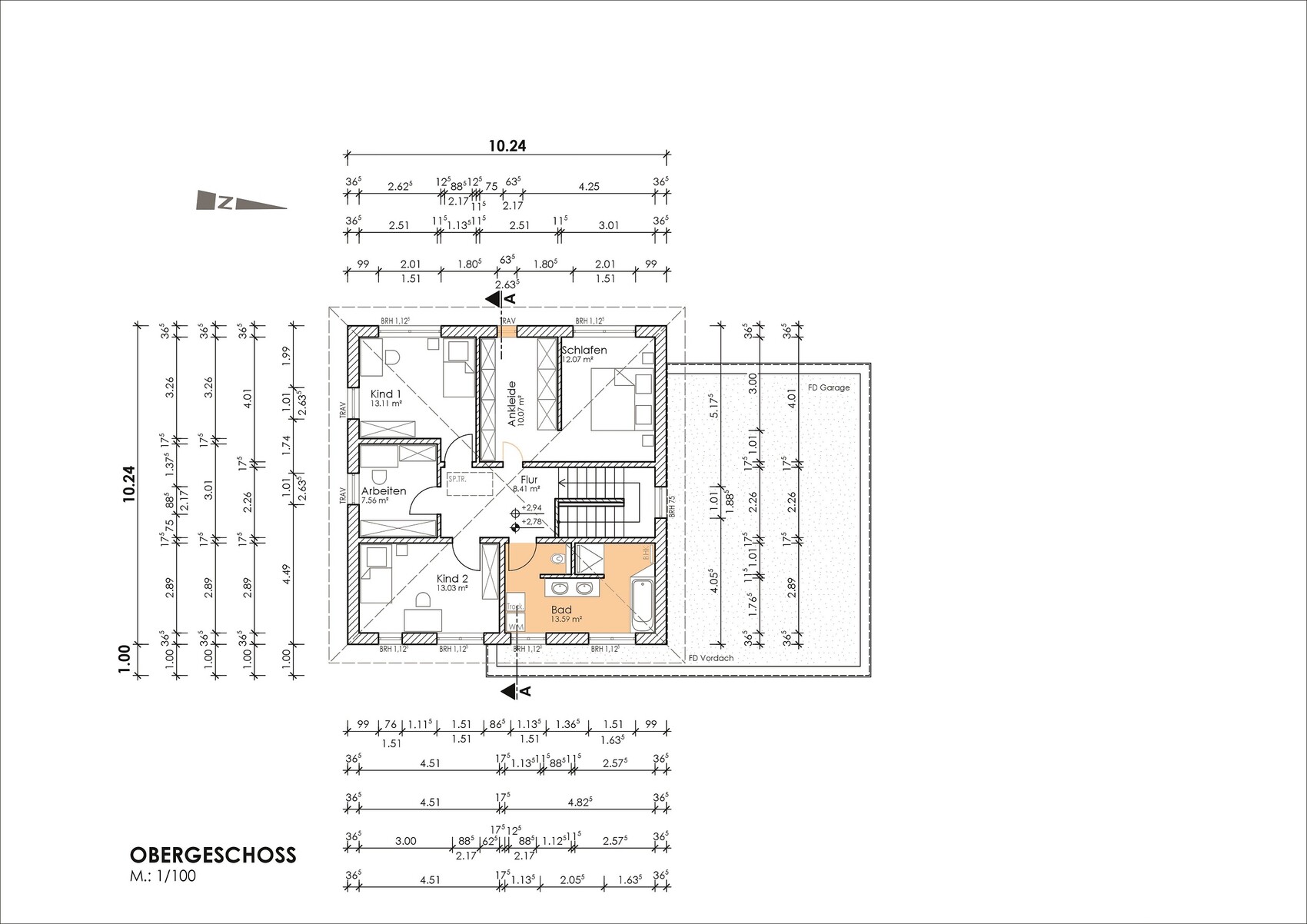 Obergeschoss-Fußbodenplan: Kind 1, Kind 2, Schlafen, Ankleide, Arbeiten, Bad, Flur.