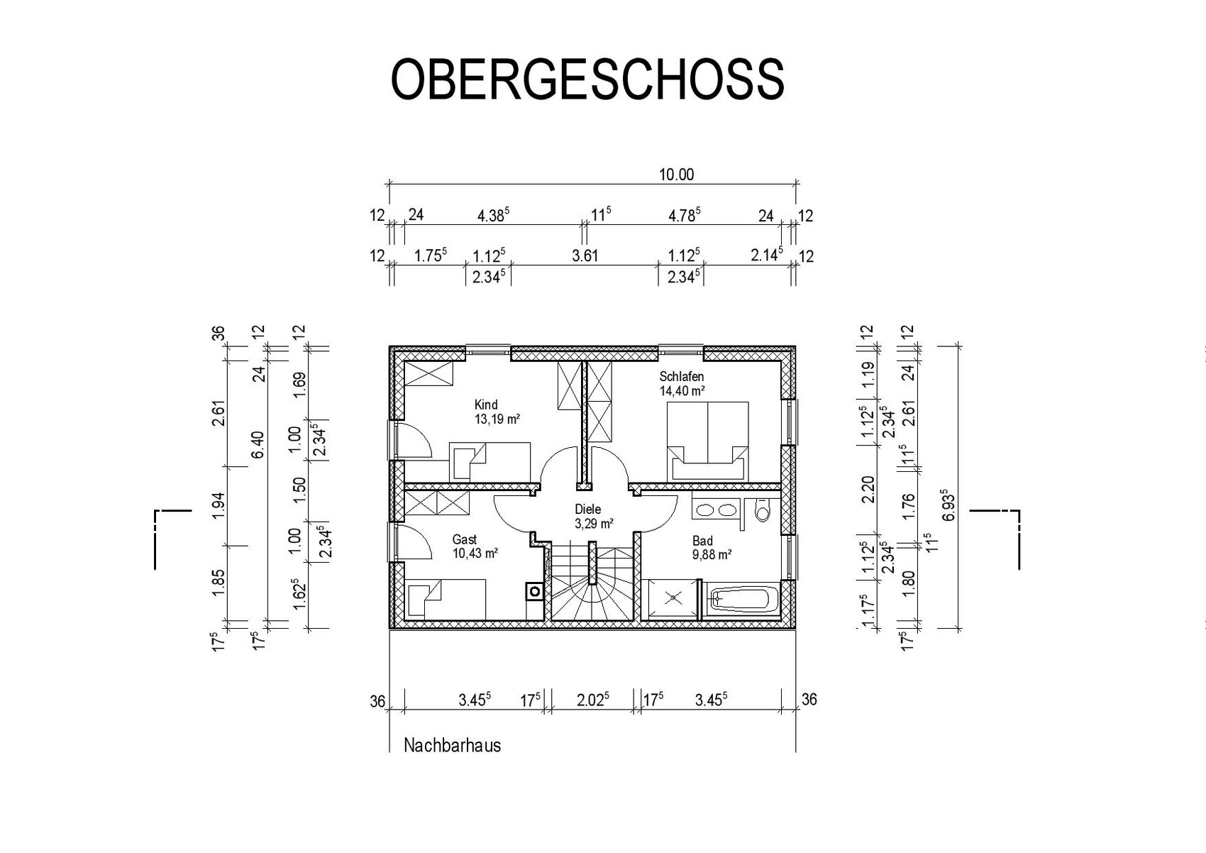 Grundriss des Obergeschosses eines Hauses mit Schlafzimmer, Kinderzimmer, Gast, Bad und Diele.