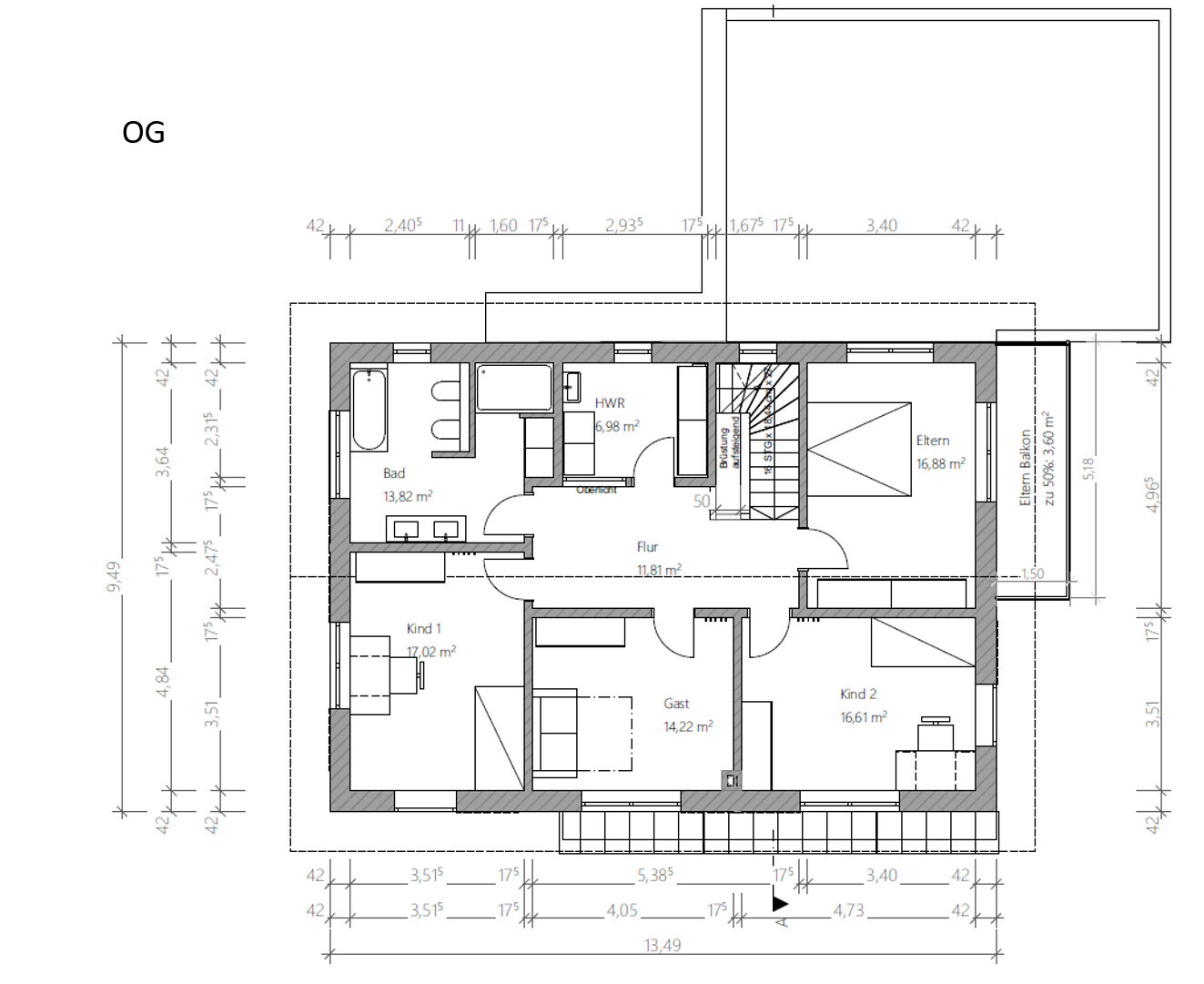 OG-Grundriss mit Bad, HWR, Flur, Elternzimmer, zwei Kinderzimmer, Gästezimmer und Balkon.