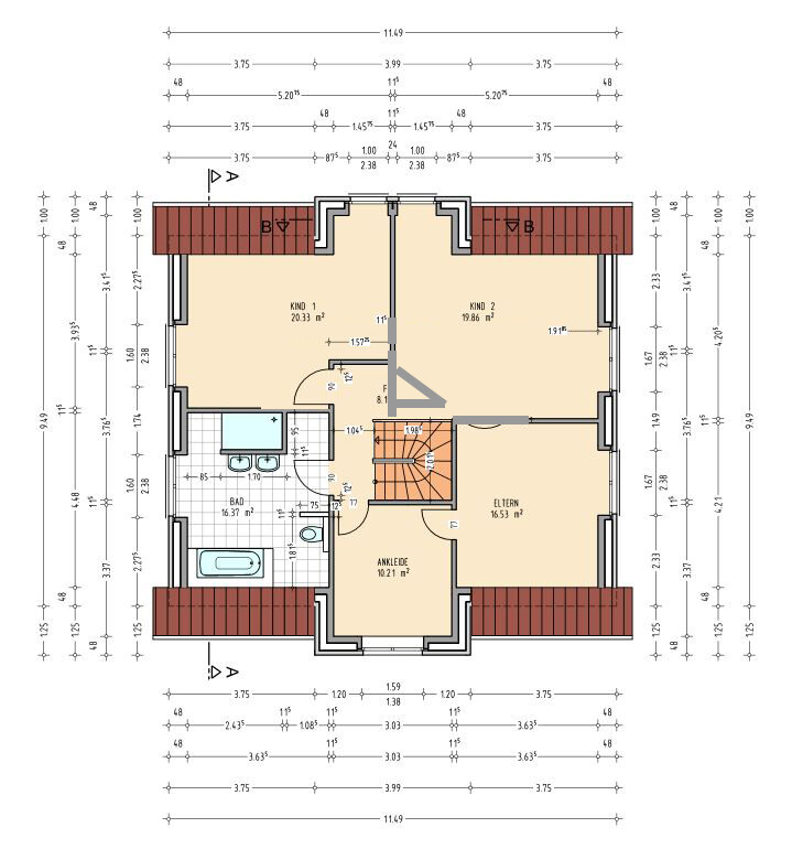 Dachgeschoss-Grundriss: zwei Kinderzimmer, Elternschlafzimmer, Bad, Ankleide und Treppe