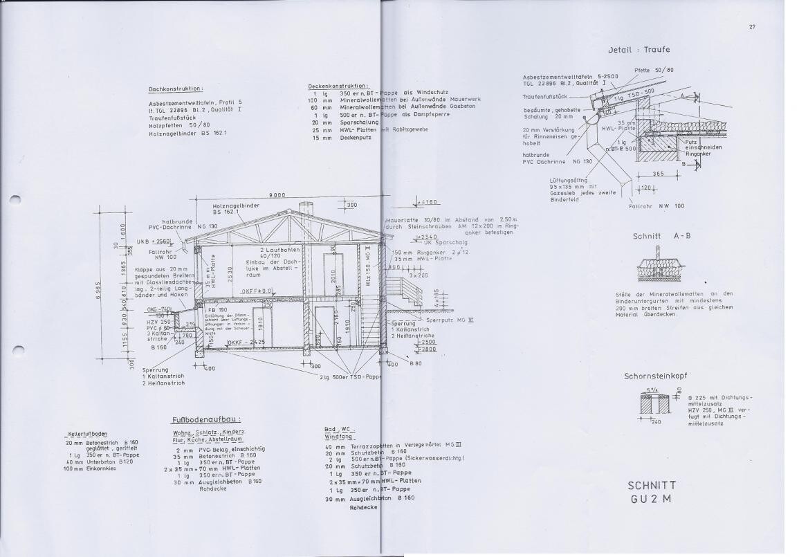 Architekturzeichnung: Hausquerschnitt mit Dachkonstruktion und Details.