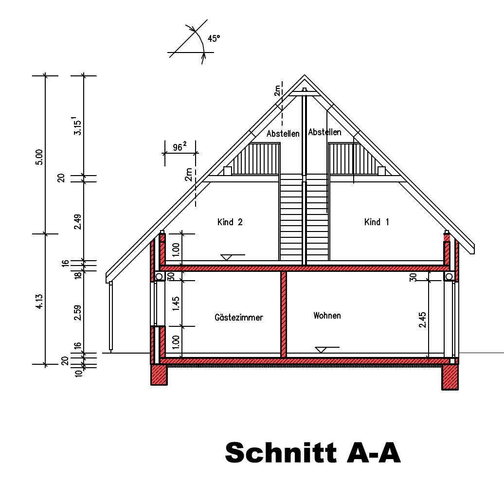 Schnitt A-A durch ein Haus: Dachboden, Treppe, Gästezimmer und Wohnen.