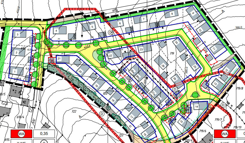 Lageplan eines Wohngebiets mit Straßen, Grundstücken, Grünflächen und Wegen.