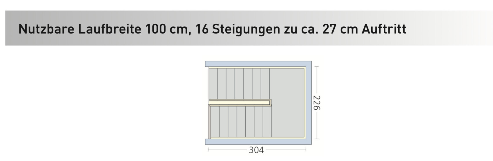 Technische Zeichnung einer Treppe: 16 Stufen, ca. 27 cm Auftritt, nutzbare Breite 100 cm.