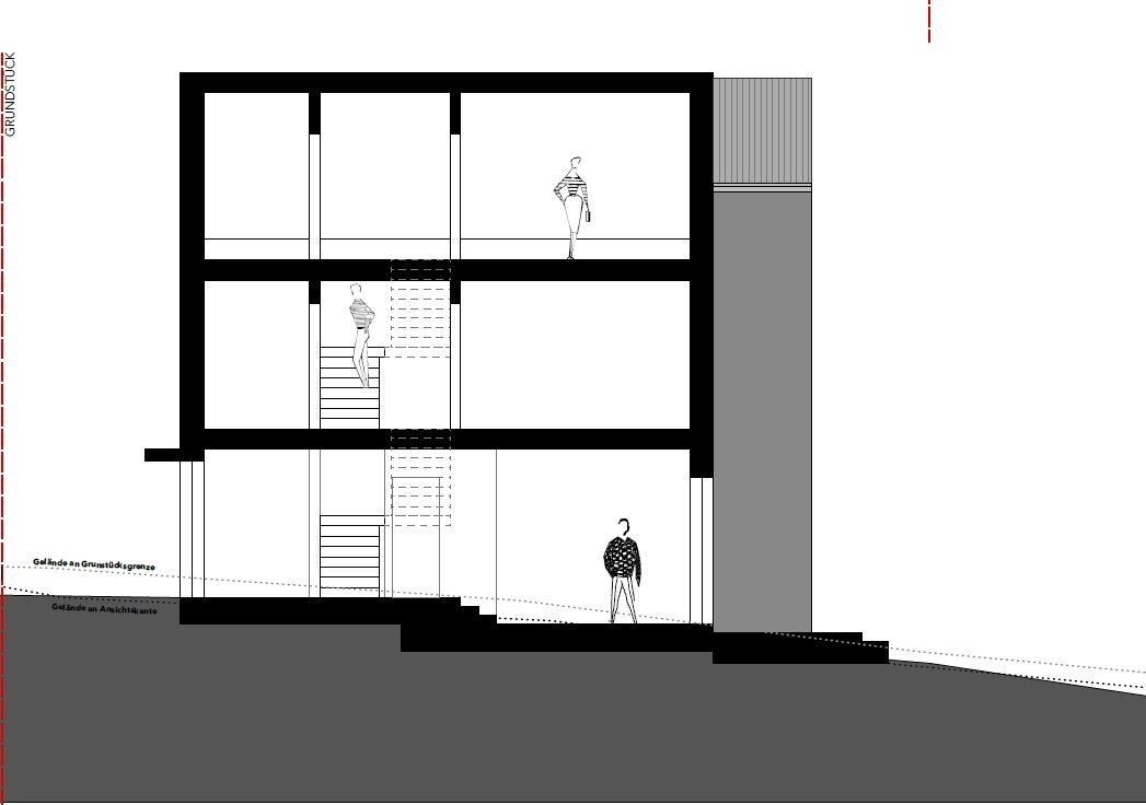 Querschnitt eines dreistöckigen Gebäudes mit Treppen und drei Personen im Innenraum.