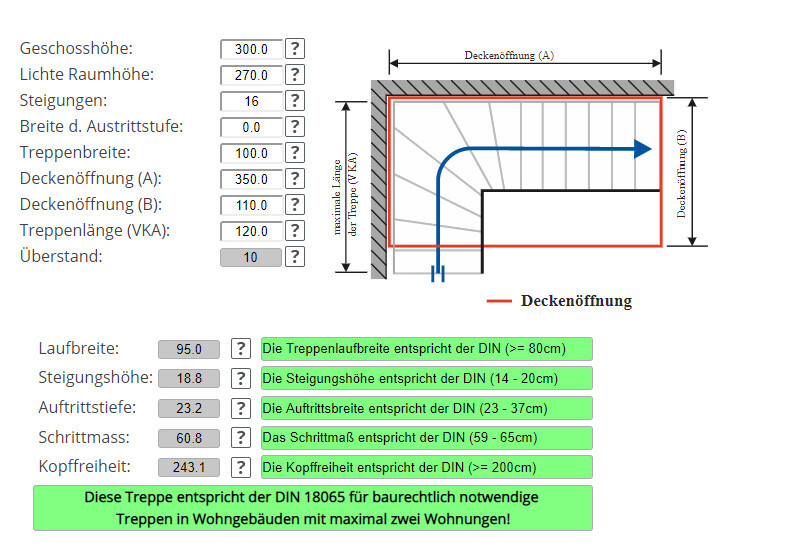 Schematischer Grundriss einer Treppe mit Deckenöffnung, Maßen und DIN-Hinweisen.