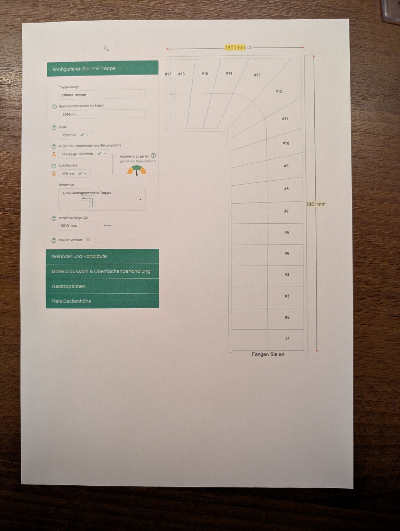 Grundriss einer Treppe mit Stufenverteilung und Abmessungen