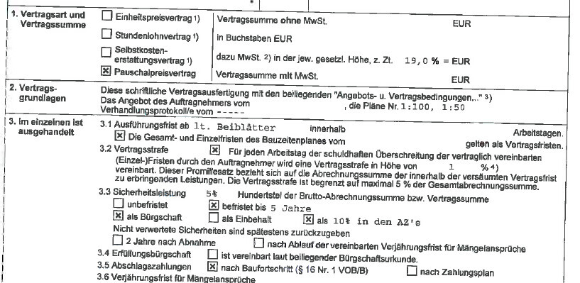 Scan eines Vertragsformulars mit Vertragsarten-Auswahl und Pauschalpreisvertrag.