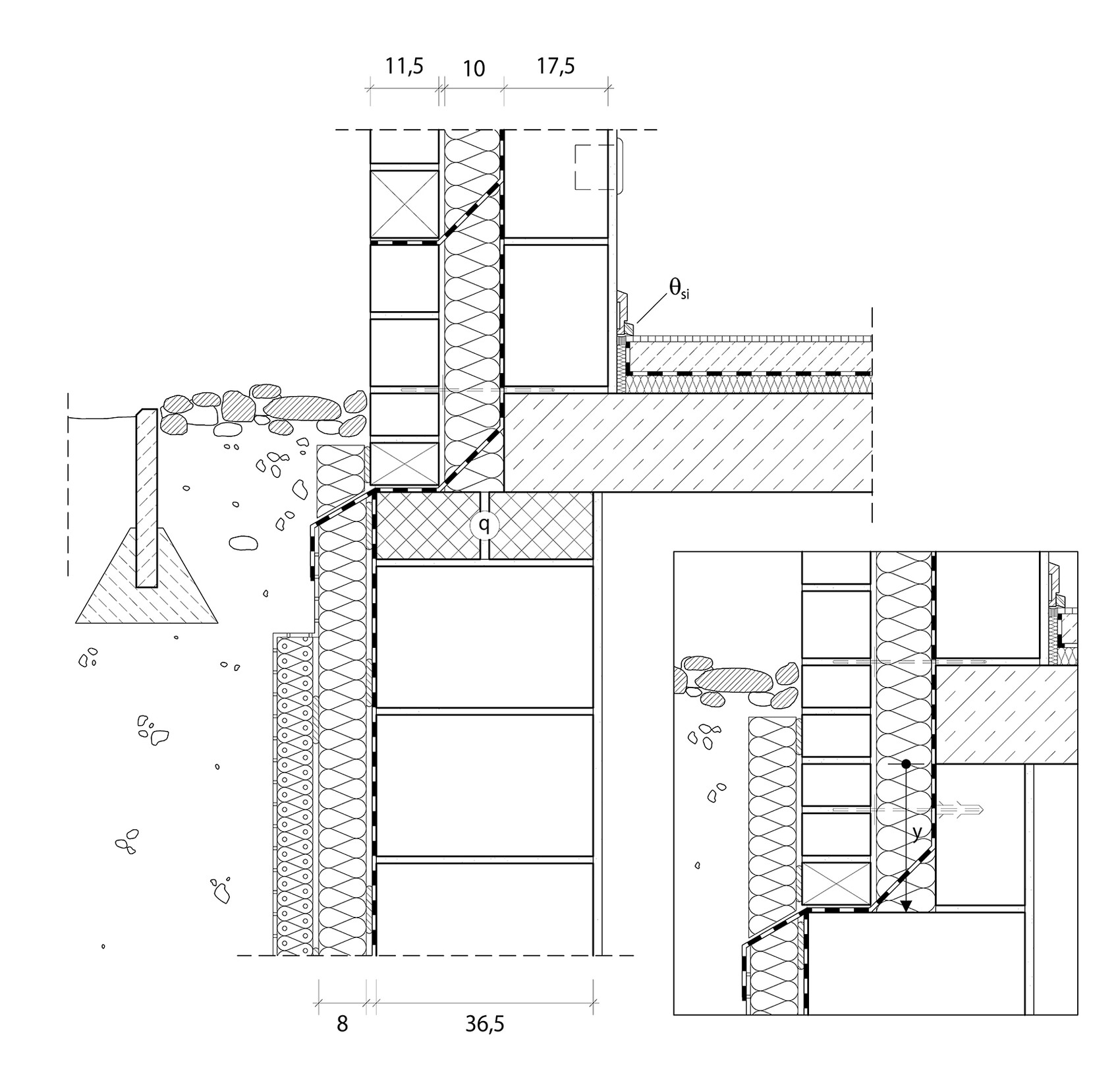 Querschnitt durch Außenwand mit Dämmung, Bodenaufbau und Fundament samt Erdreich.