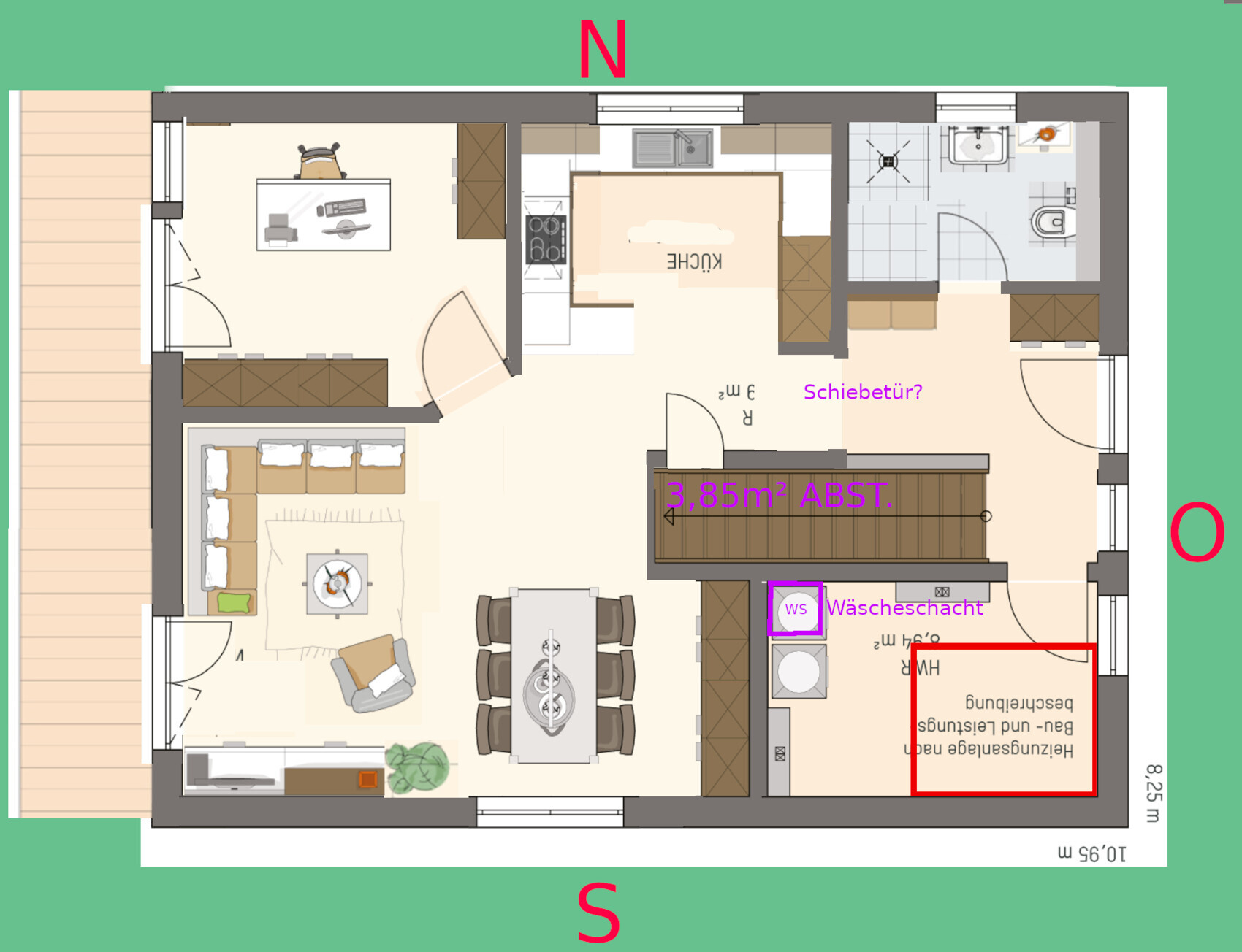 Grundriss einer Wohnung: offenes Wohnzimmer, Küche, Bad, Abstellraum, Wäsche-Schacht.