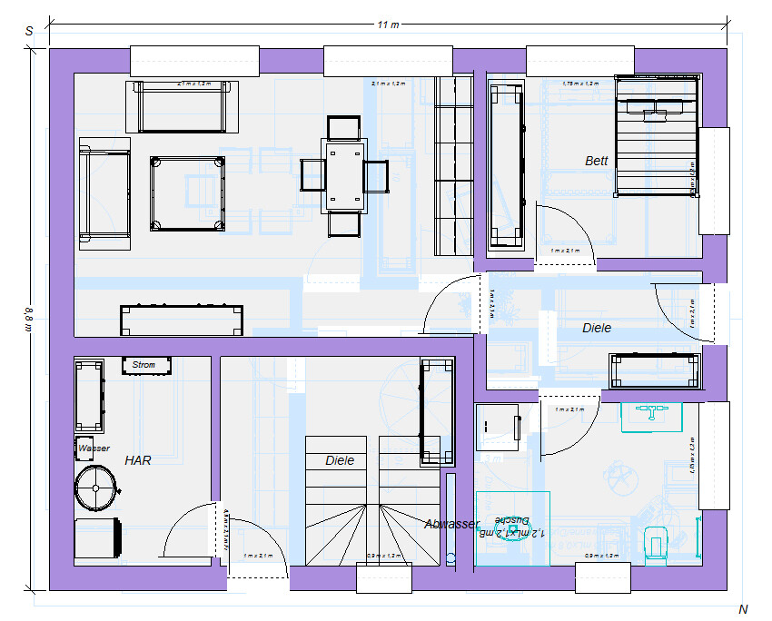 Grundriss eines Hauses: Diele, Treppe, Wohnzimmer, Essbereich, Schlafzimmer (Bett) und HAR.
