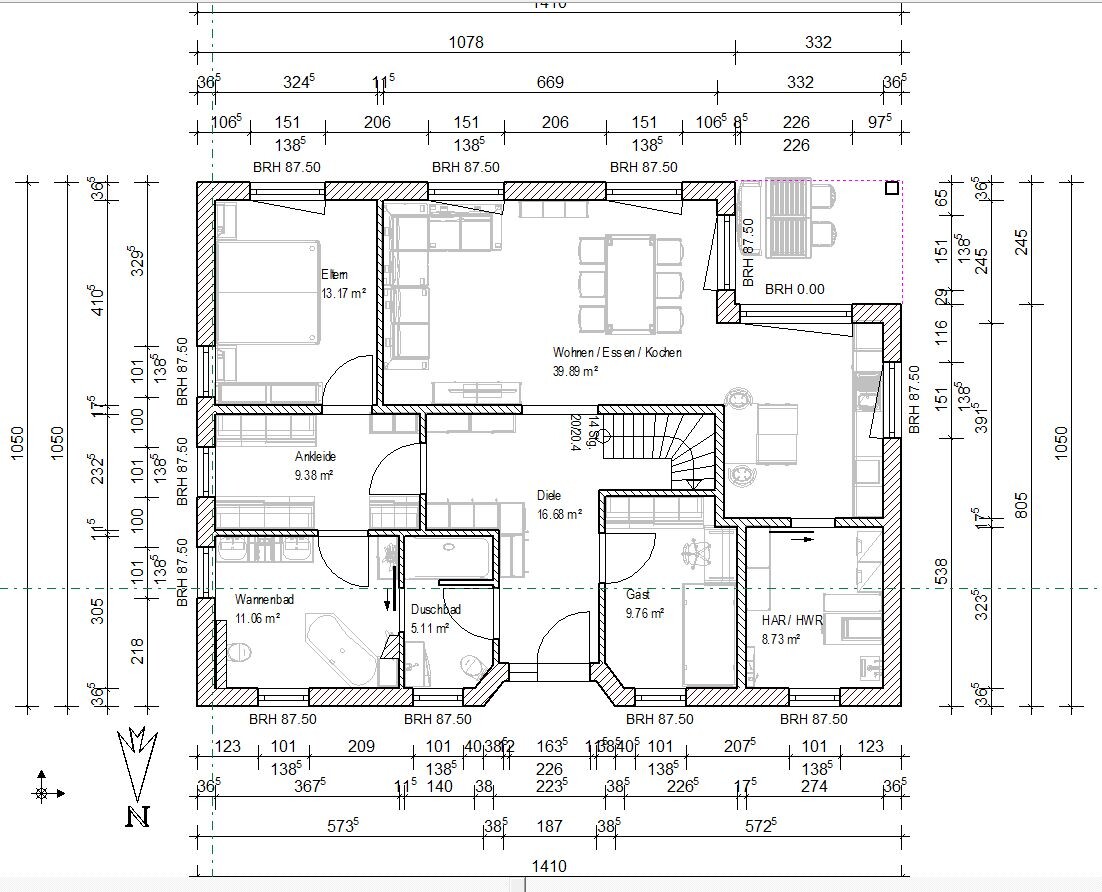Grundriss: Offenes Wohnen/Essen/Kochen; Elternschlafzimmer mit Ankleide; Gästezimmer; Diele; Bad.