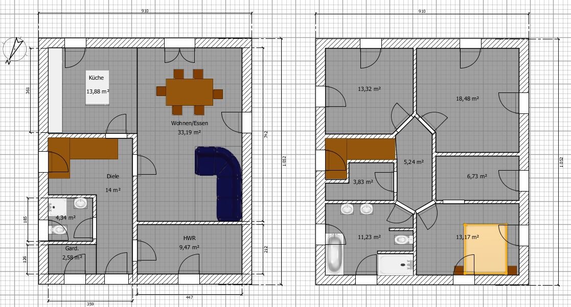 Zwei Etagen Grundriss mit Küche, Wohnen/Essen, Diele, HWR; rechts Schlafzimmer (orange) und Bad.