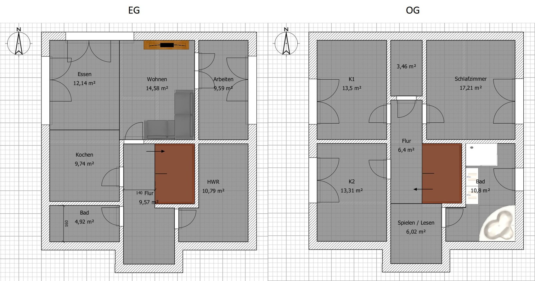 Zweigeschossiger Grundriss mit EG/OG, Küchen, Wohnen, Essen, Schlafen, Bad, Flur.