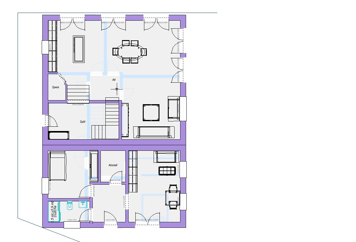 Zweigeschossiger Hausgrundriss mit Wohn-/Essbereich, Küche, Flur, Treppe, Schlafzimmer, Abstellraum.