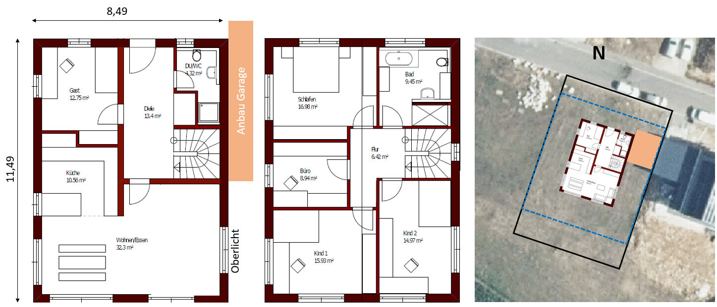 Grundriss eines Hauses mit Küche, Wohnen, Gäste, Schlafen, Büro, Bad, Anbau-Garage; Grundstück.
