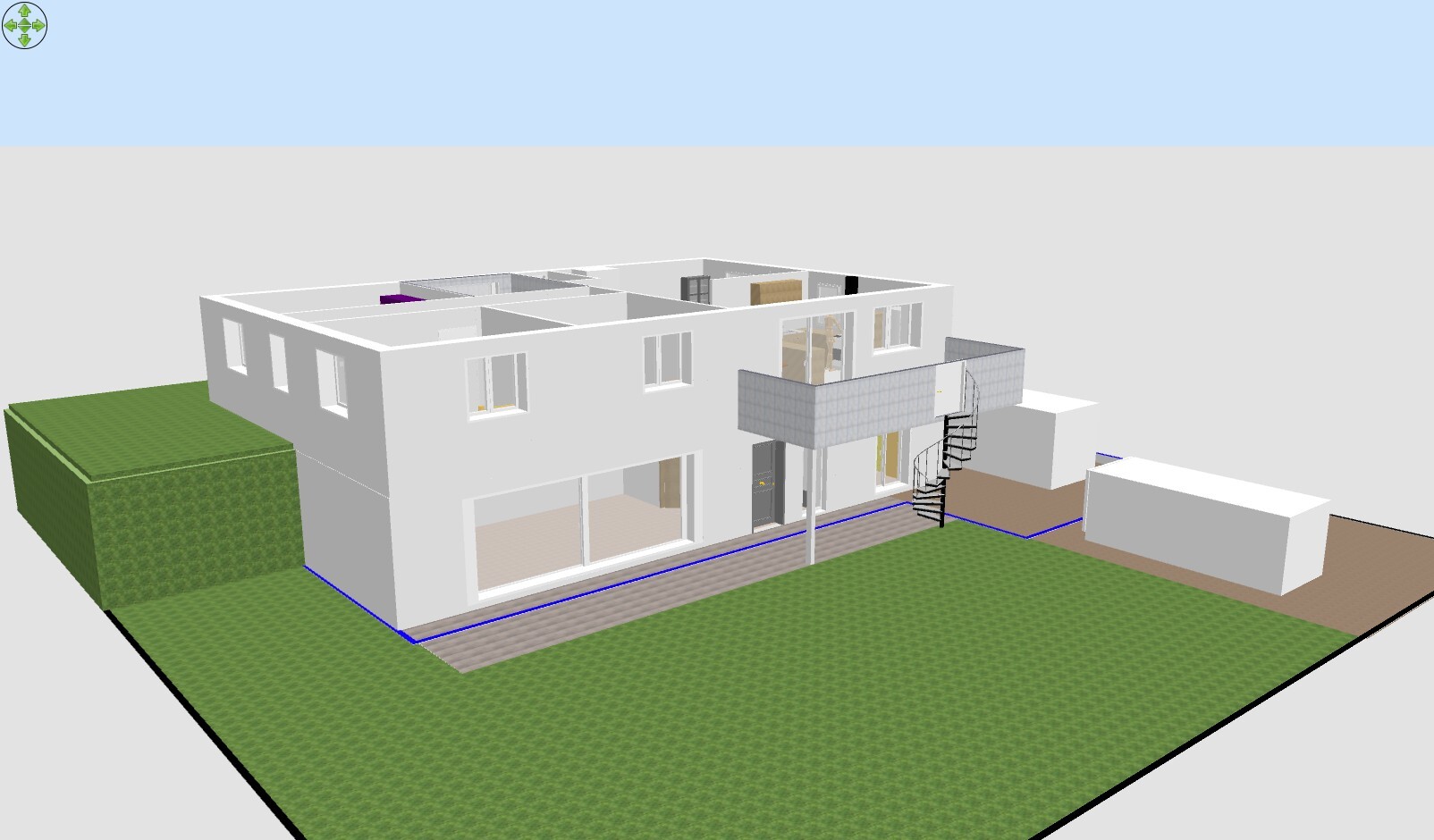 Außenansicht eines weißen 3D-Hauses mit Garten, Terrasse und Treppenaufgang.