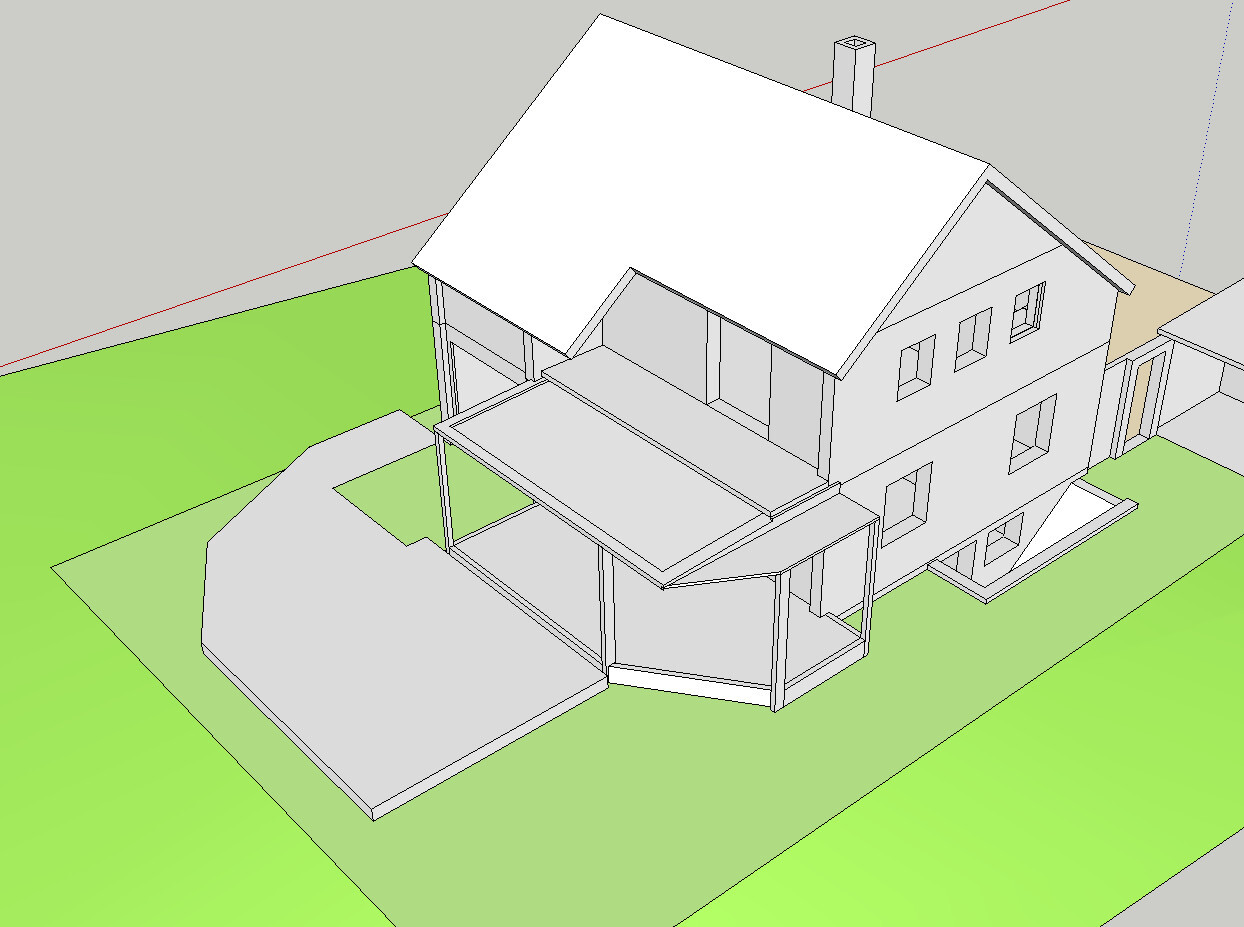 3D-Modell eines zweistöckigen Hauses mit überdachter Terrasse und grünem Garten.
