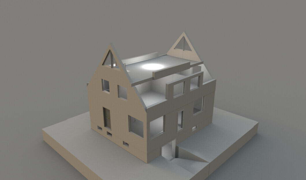 3D-Modell eines zweistöckigen Hauses mit Giebeldach, Fenstern und Eingang auf Fundament.