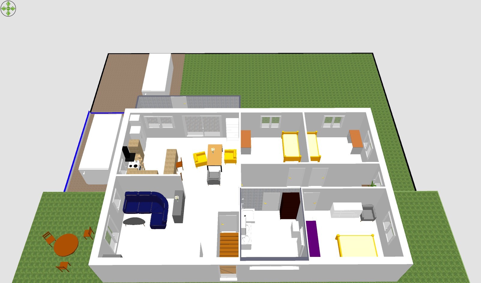 3D-Hausmodell mit Wohnzimmer, Kueche, Essbereich, Schlafzimmer und Garten