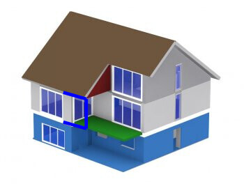 Isometrische 3D-Hausdarstellung mit braunem Dach und blauen Grundrissflächen