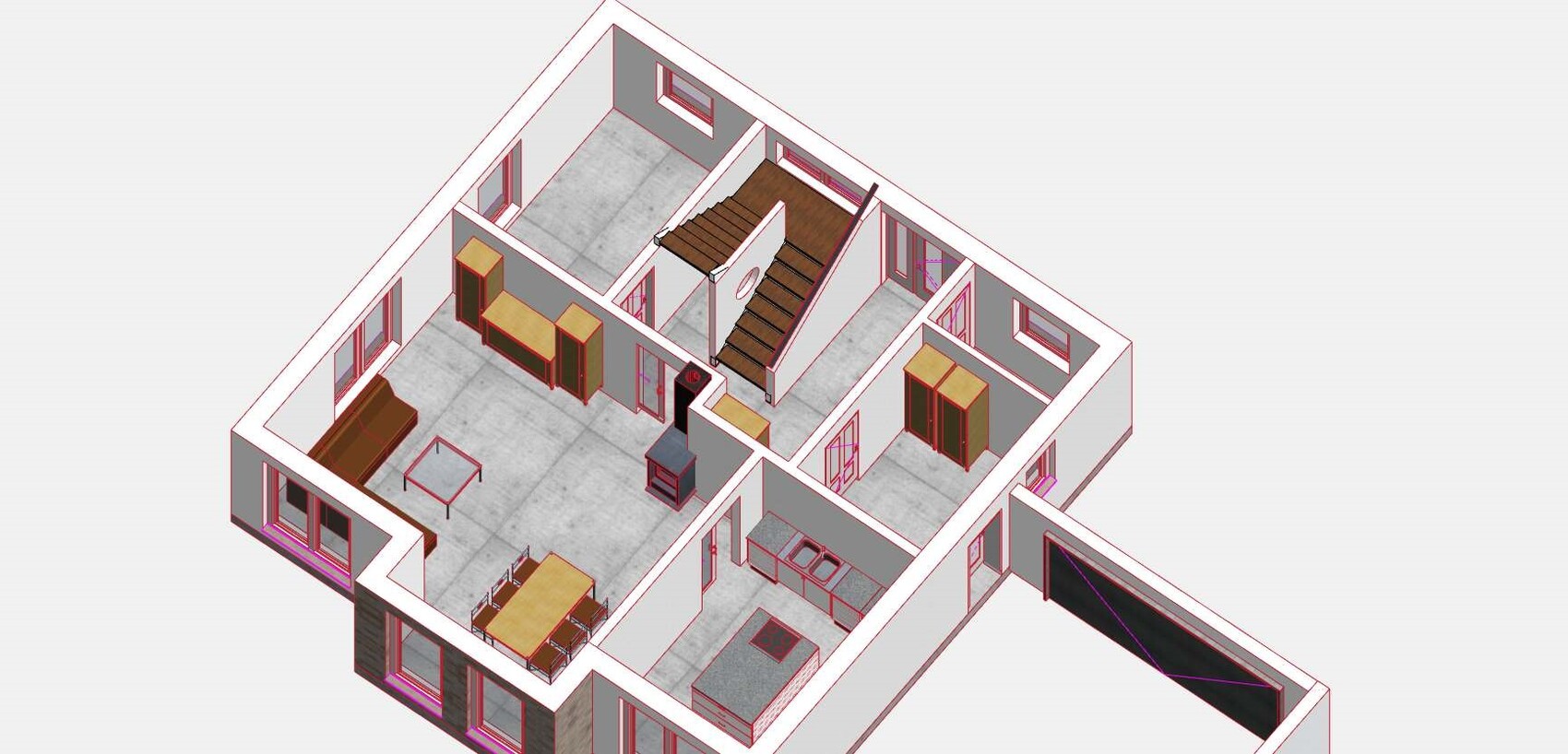 Isometrischer 3D-Hausgrundriss mit Wohnzimmer, Küche und Treppe