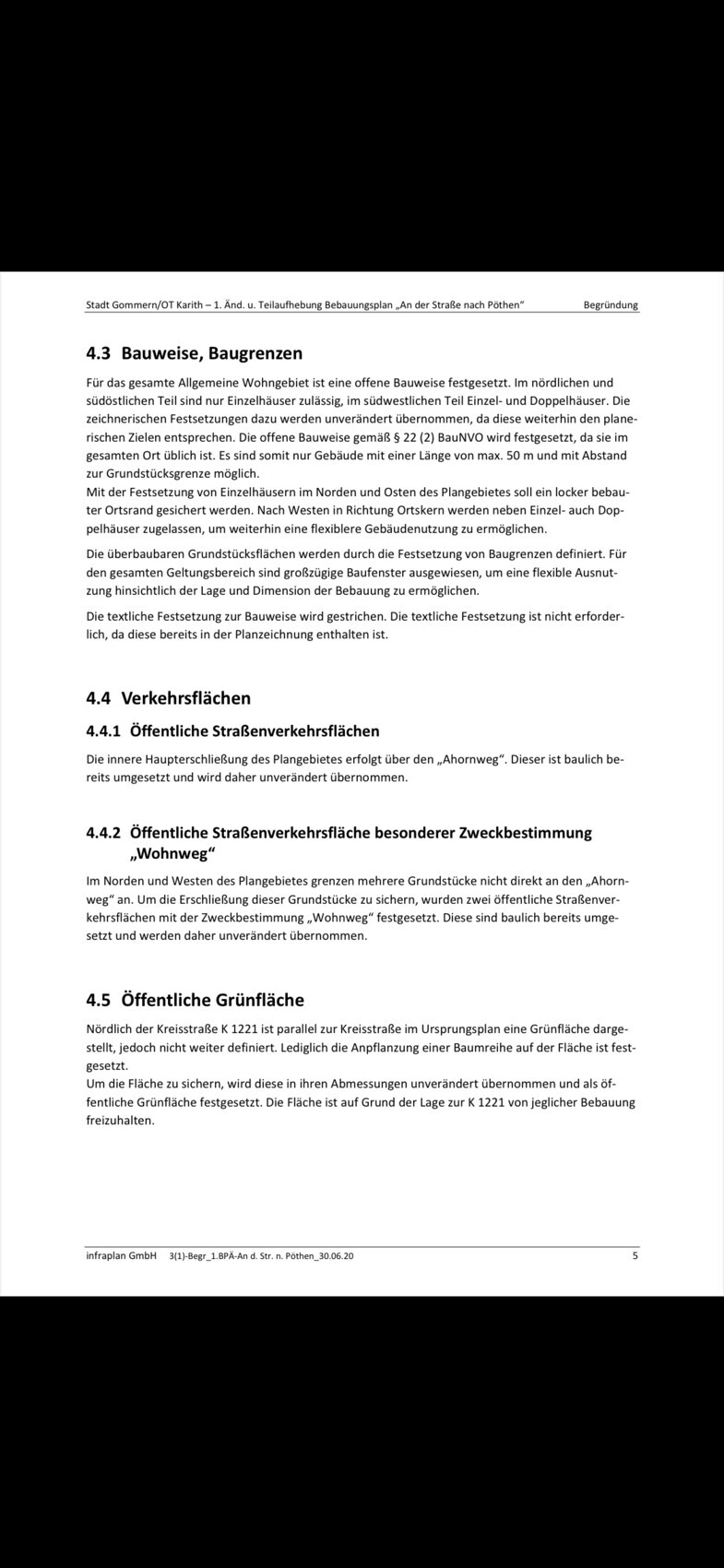 Seitenansicht eines Bebauungsplans mit Abschnitten 4.3–4.5: Bauweise, Verkehrsflächen, Grünflächen.