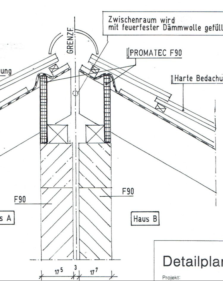 Detailplan des Dachaufbaus: Zwischenraum mit feuerfester Dämmwolle, PROMATEC F90.