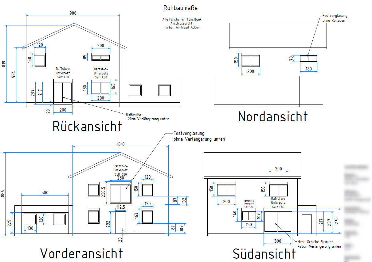 Architekturplan eines Hauses mit Vorder-, Rück-, Nord- und Südansichten sowie Maßen.