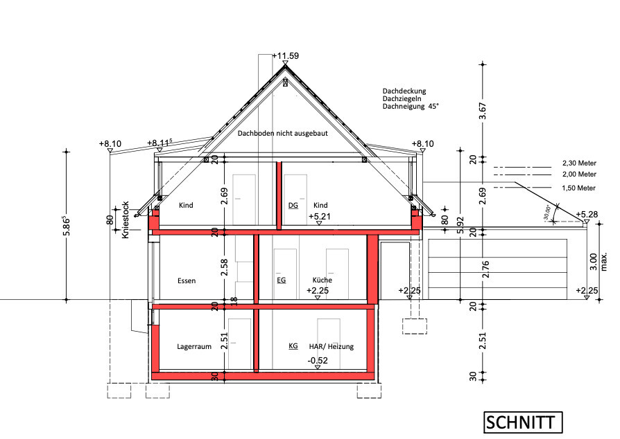 Querschnitt eines mehrstöckigen Hauses mit KG, EG, DG und Dachkonstruktion