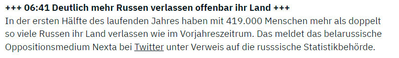 Screenshot einer Nachricht mit der Schlagzeile: Deutlich mehr Russen verlassen Russland.