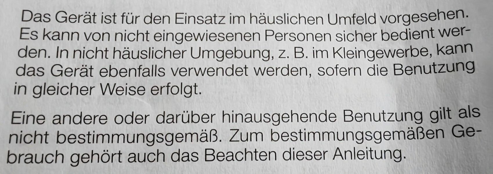 Sicherheits- und Nutzungsanleitung für ein Haushaltsgerät (häusliche Nutzung, einfache Bedienung).