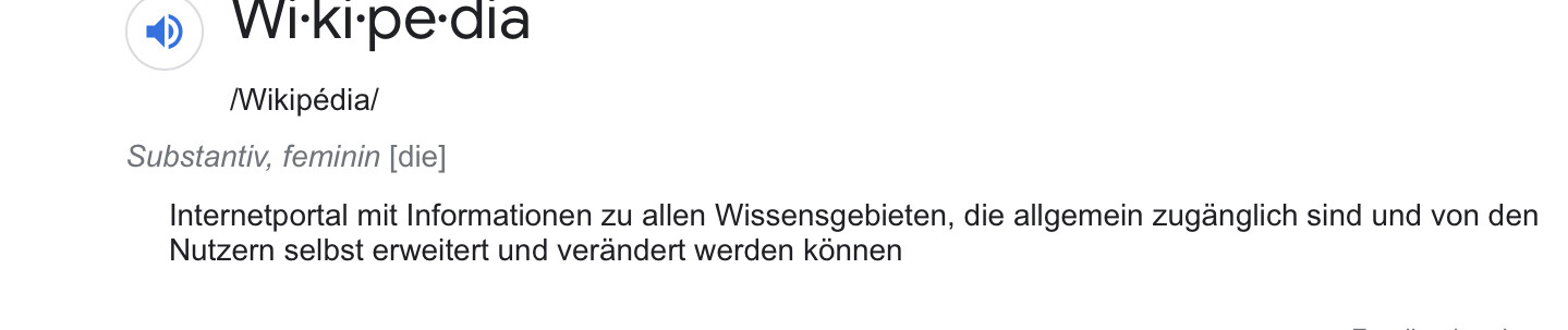 Screenshot einer Wikipedia-Seite mit dem Begriff Wikipédia und der deutschen Definition im Text.