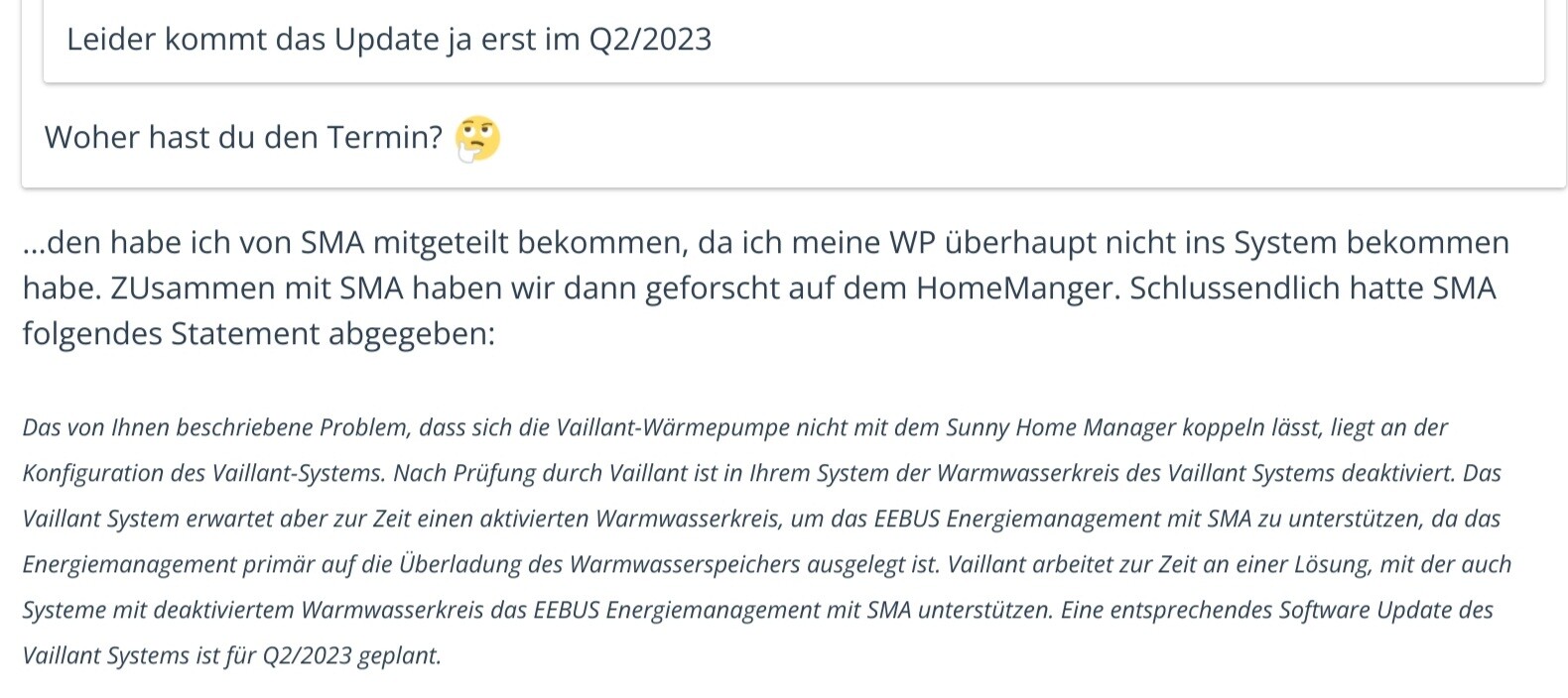 Screenshot einer Webseite mit Update-Termin-Diskussion und Vaillant-Wärmepumpe-Text
